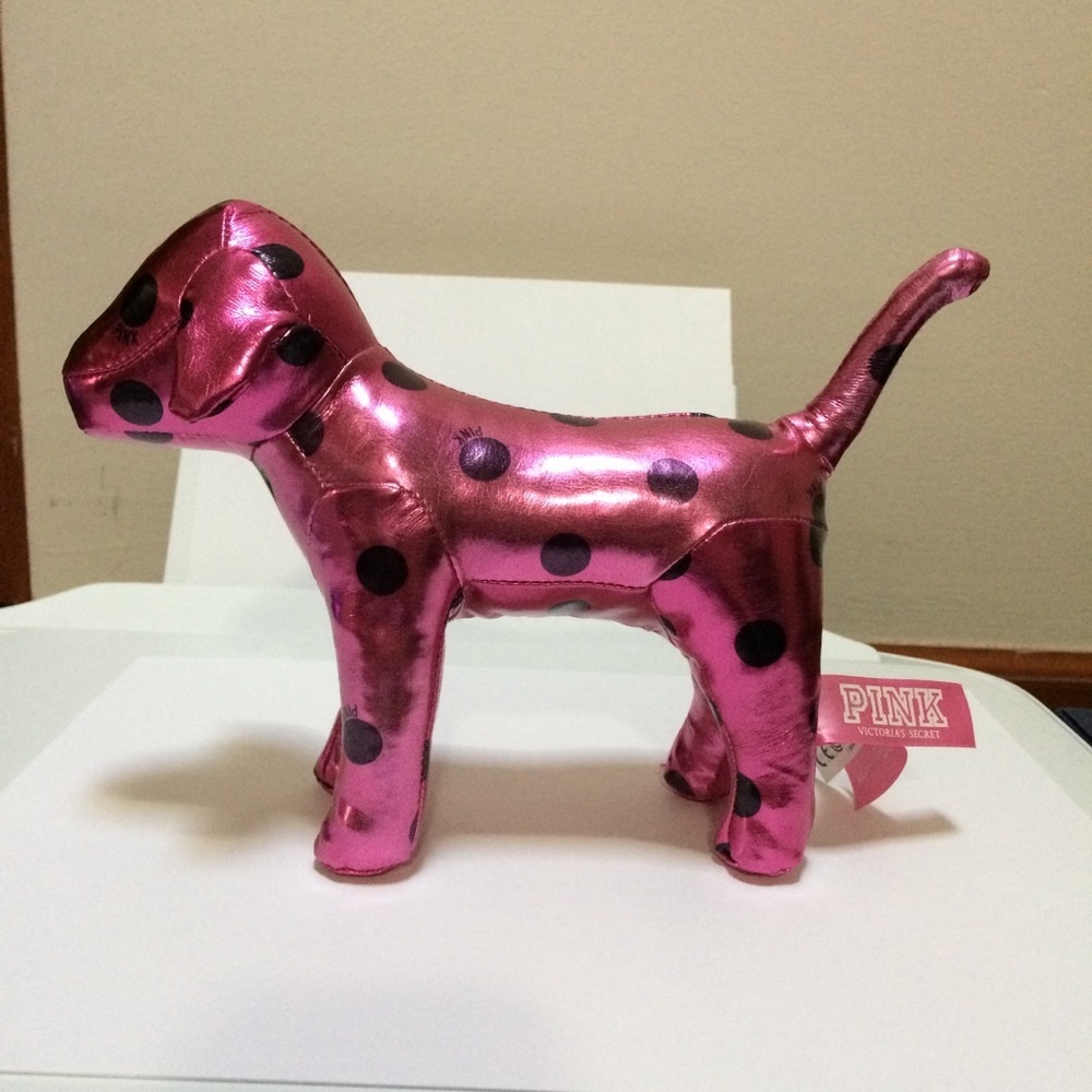 PINK Victoria's Secret Metallic Pink Black Polka Dot Stuffed Dog